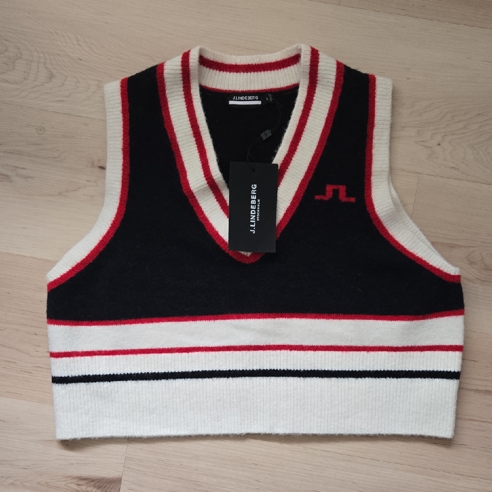 J. Lindeberg Black, White & Red Cropped Knit Vest
